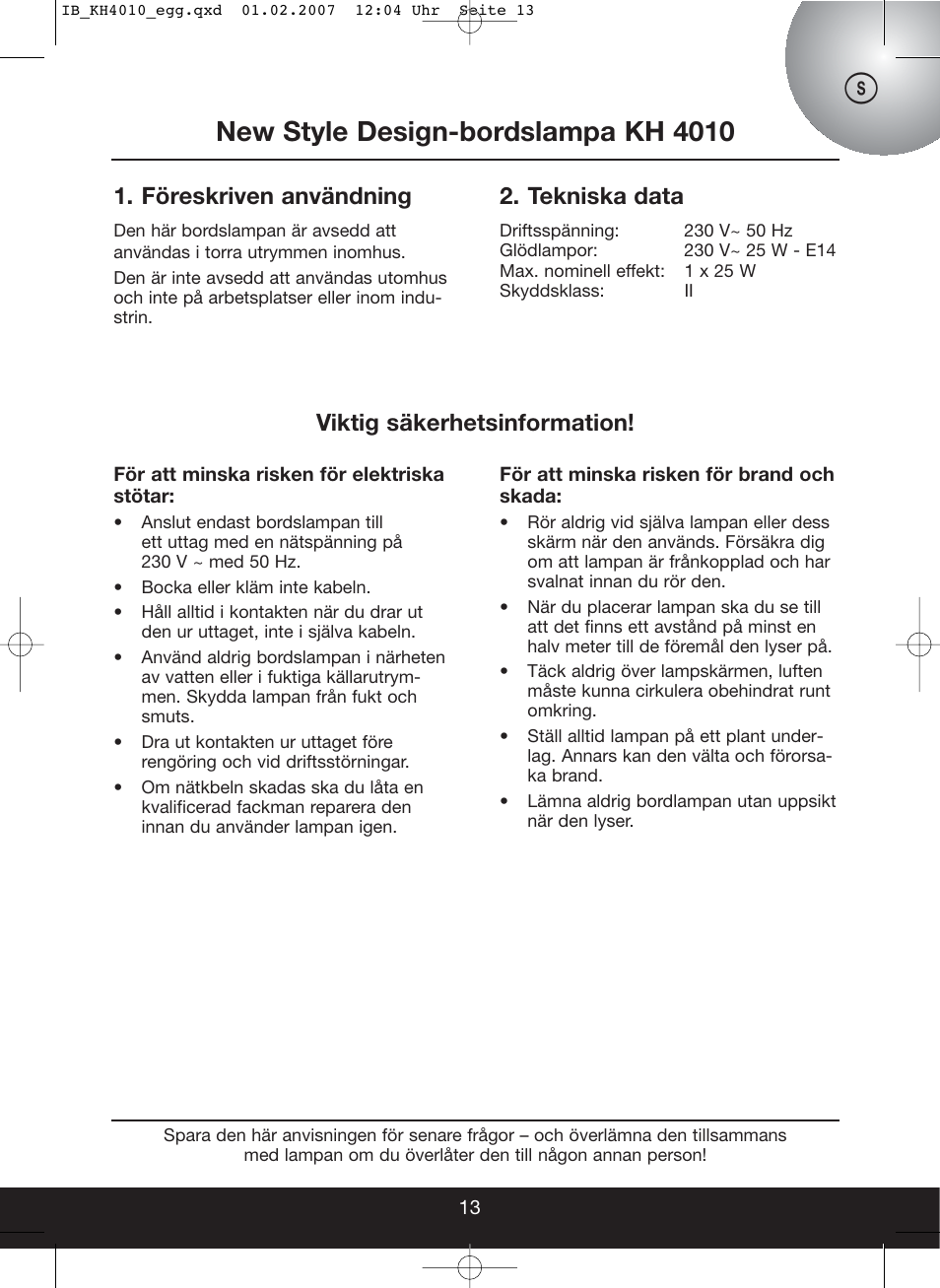 New style design-bordslampa kh 4010, Föreskriven användning, Tekniska data | Viktig säkerhetsinformation | Kompernass KH 4010 User Manual | Page 13 / 22