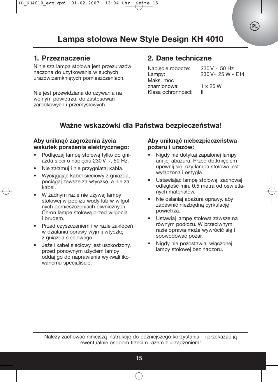 Lampa stołowa new style design kh 4010, Przeznaczenie, Dane techniczne | Ważne wskazówki dla państwa bezpieczeństwa | Kompernass KH 4010 User Manual | Page 15 / 22