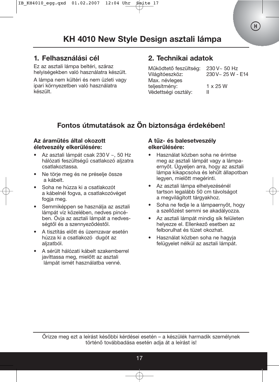 Kh 4010 new style design asztali lámpa, Felhasználási cél, Technikai adatok | Fontos útmutatások az ön biztonsága érdekében | Kompernass KH 4010 User Manual | Page 17 / 22