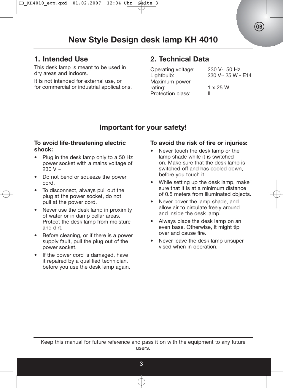 New style design desk lamp kh 4010, Intended use, Technical data | Important for your safety | Kompernass KH 4010 User Manual | Page 3 / 22