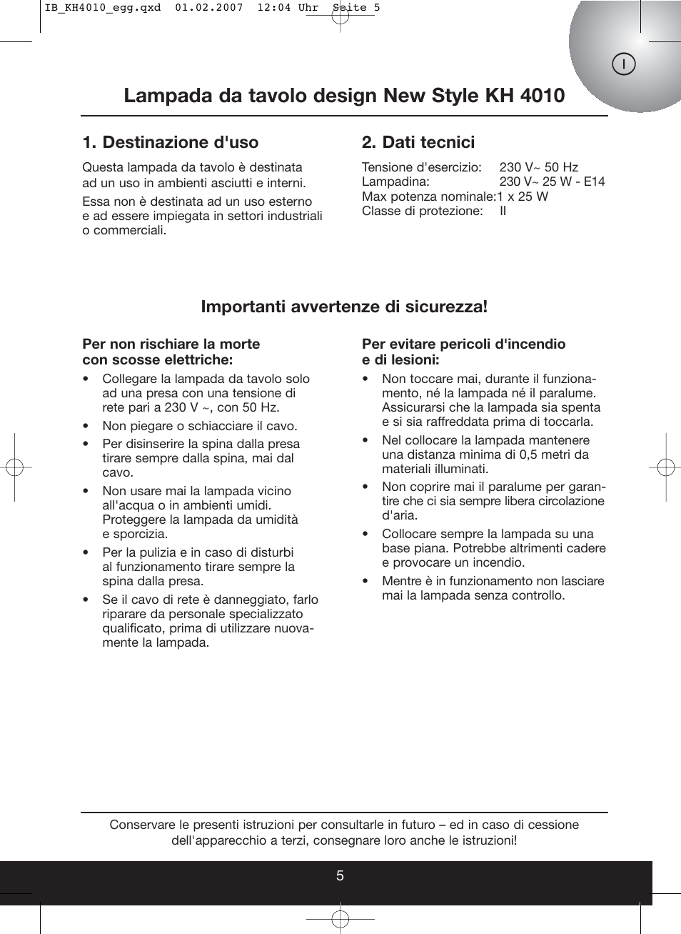 Lampada da tavolo design new style kh 4010, Destinazione d'uso, Dati tecnici | Importanti avvertenze di sicurezza | Kompernass KH 4010 User Manual | Page 5 / 22