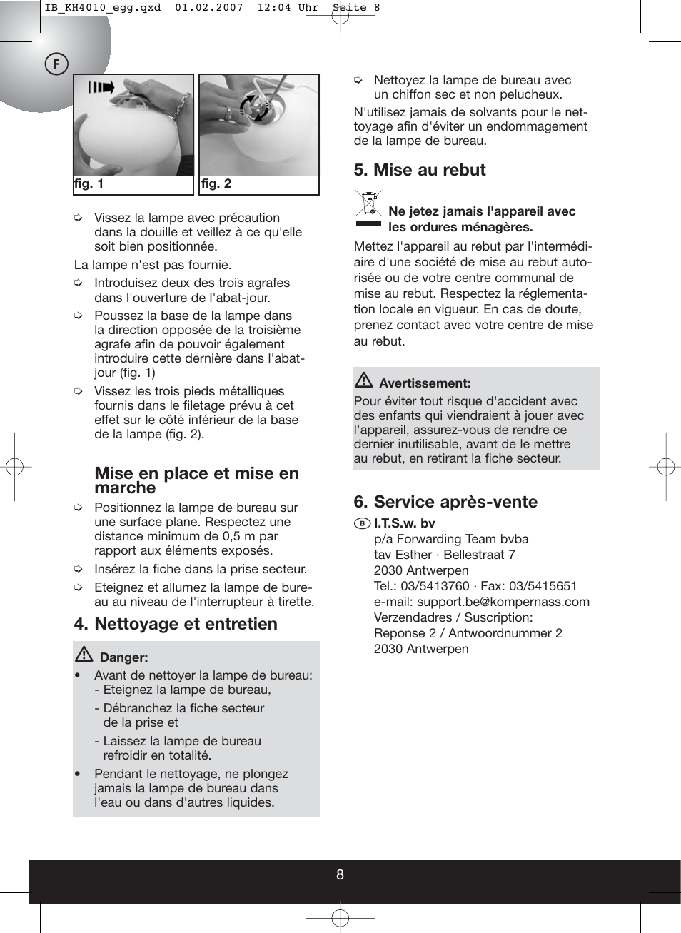 Mise au rebut, Service après-vente b, Mise en place et mise en marche | Nettoyage et entretien | Kompernass KH 4010 User Manual | Page 8 / 22