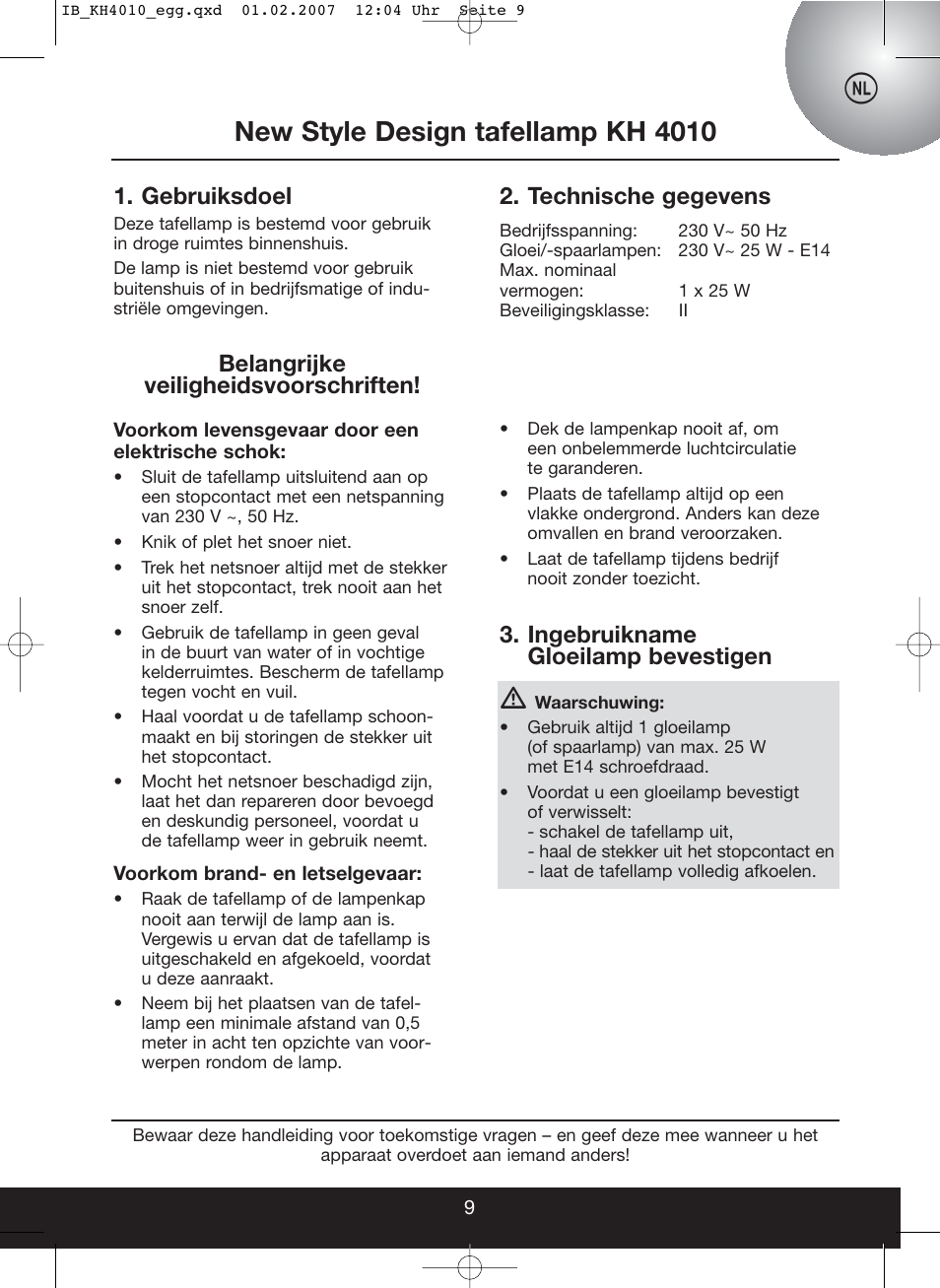 New style design tafellamp kh 4010, Gebruiksdoel, Technische gegevens | Belangrijke veiligheidsvoorschriften, Ingebruikname gloeilamp bevestigen | Kompernass KH 4010 User Manual | Page 9 / 22