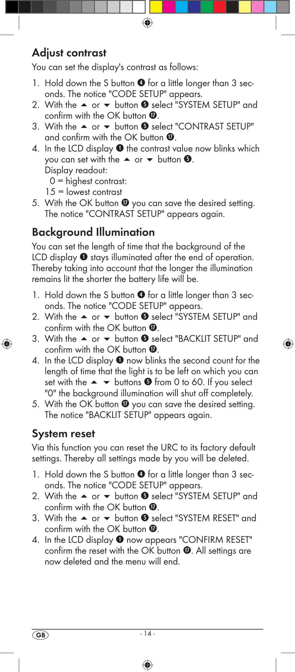 Adjust contrast, Background illumination, System reset | Kompernass SILVERCREST KH 2156 User Manual | Page 16 / 26
