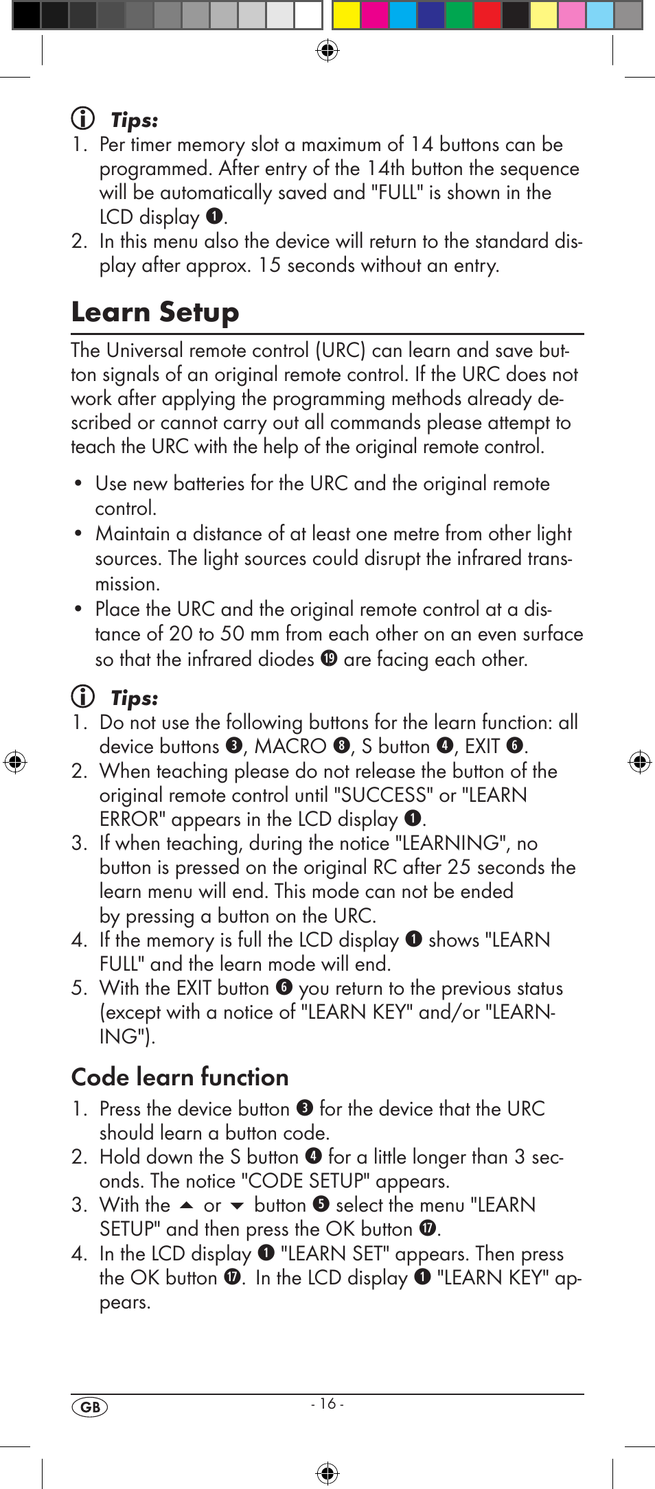 Learn setup, Code learn function | Kompernass SILVERCREST KH 2156 User Manual | Page 18 / 26