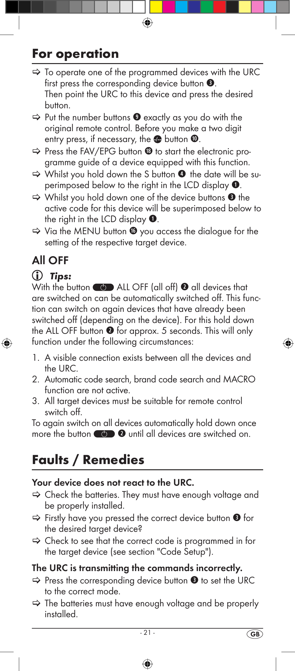 For operation, Faults / remedies, All off | Kompernass SILVERCREST KH 2156 User Manual | Page 23 / 26