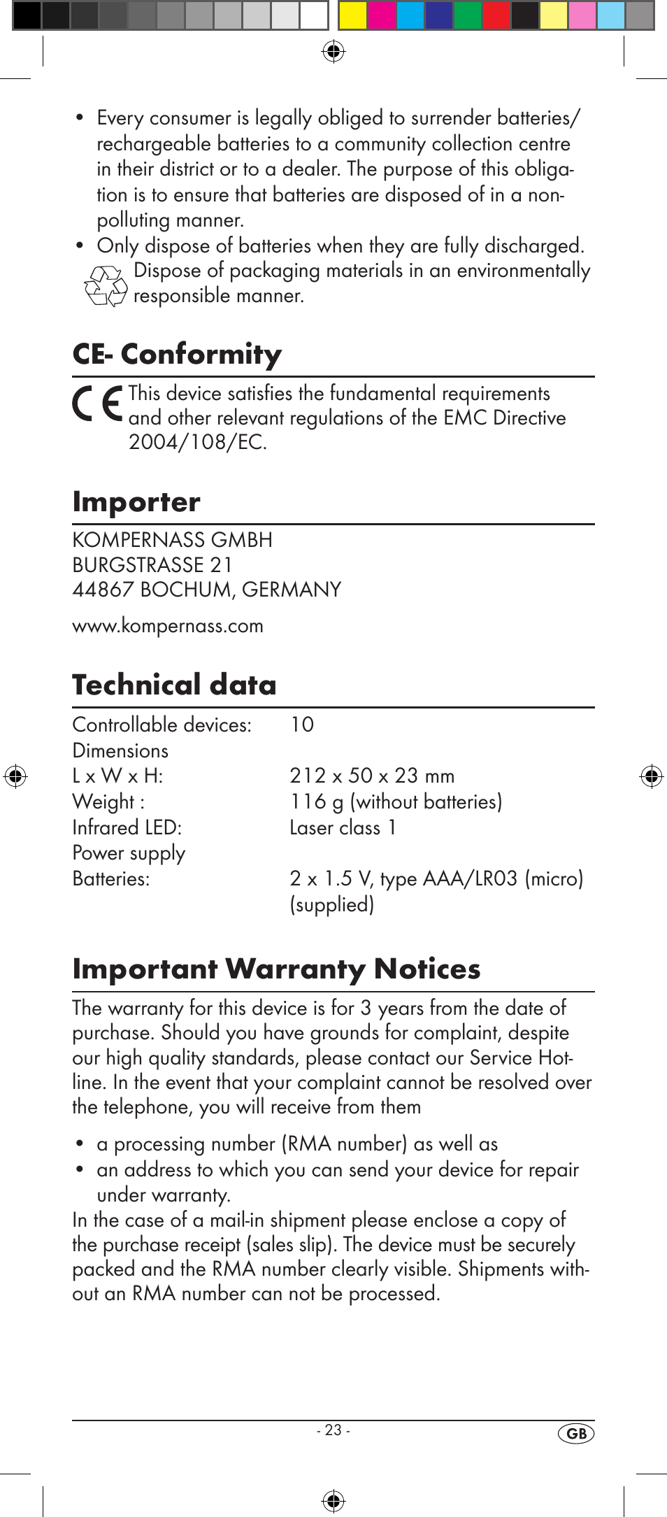 Ce- conformity, Importer, Technical data | Important warranty notices | Kompernass SILVERCREST KH 2156 User Manual | Page 25 / 26