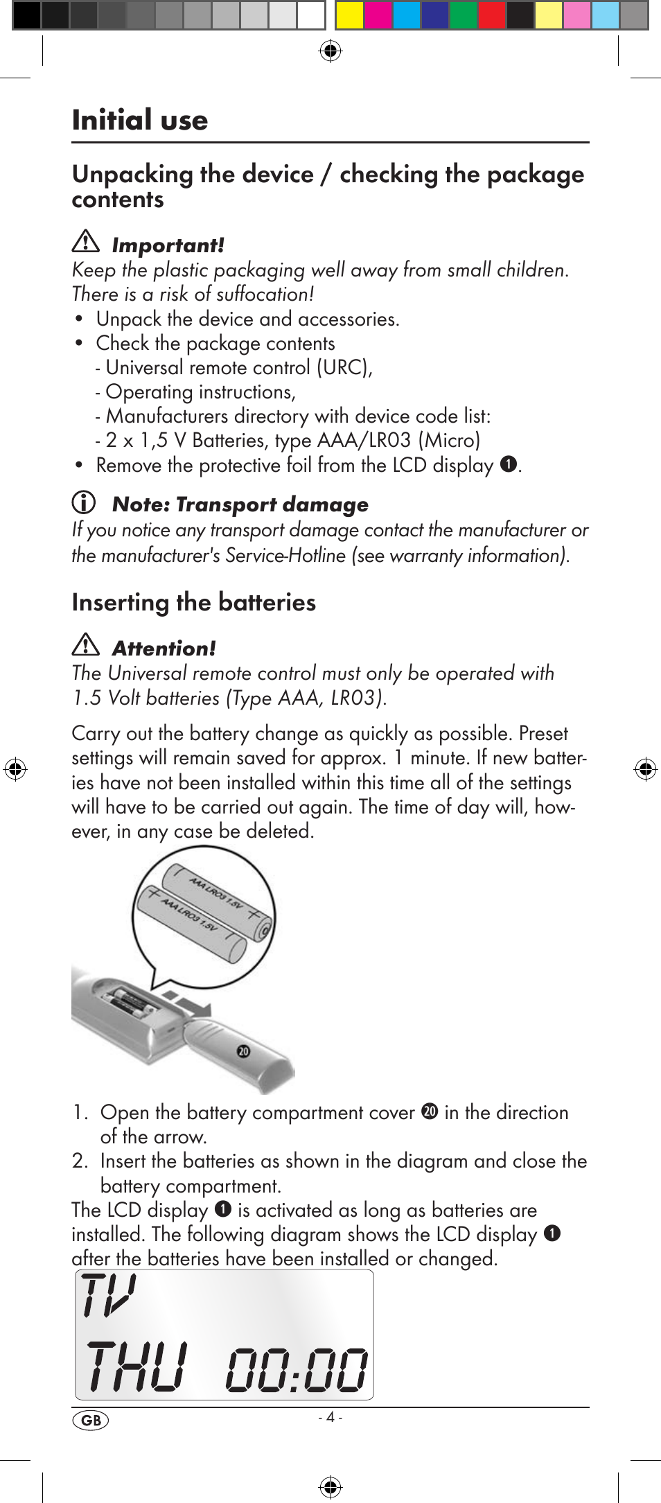 Initial use, Inserting the batteries | Kompernass SILVERCREST KH 2156 User Manual | Page 6 / 26