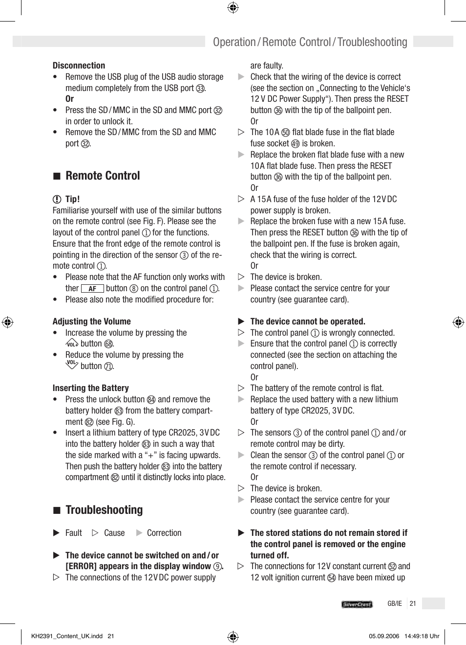 Remote control, Troubleshooting, Operation / remote control / troubleshooting | Kompernass KH 2391 User Manual | Page 19 / 26