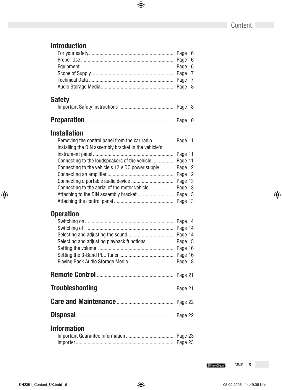 Introduction, Safety, Preparation | Installation, Operation, Remote control, Troubleshooting, Care and maintenance, Disposal, Information | Kompernass KH 2391 User Manual | Page 3 / 26