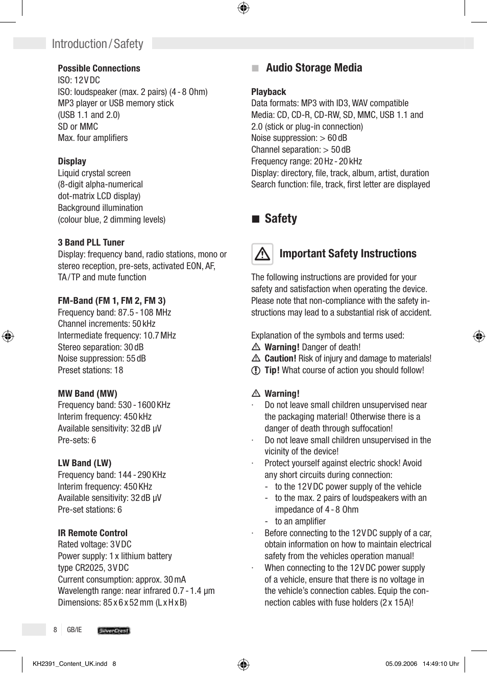 Safety, Introduction / safety, Audio storage media | Important safety instructions | Kompernass KH 2391 User Manual | Page 6 / 26