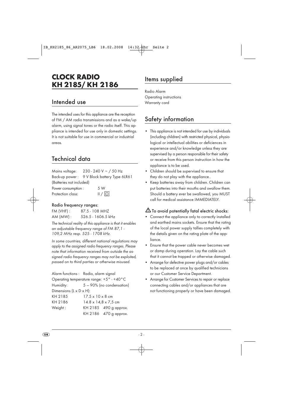 Intended use, Technical data, Items supplied | Safety information | Kompernass KH 2185 User Manual | Page 4 / 10