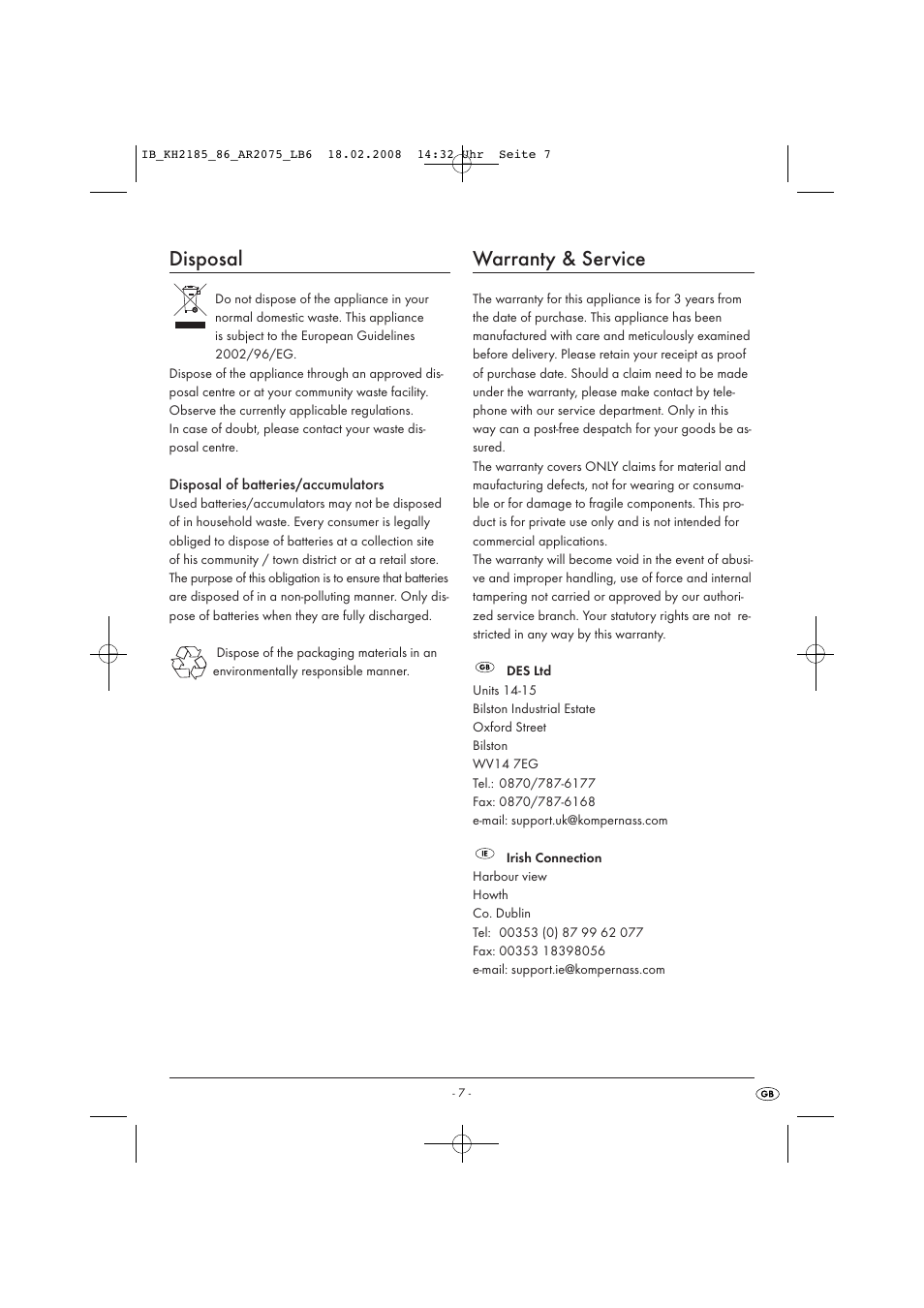 Disposal, Warranty & service | Kompernass KH 2185 User Manual | Page 9 / 10