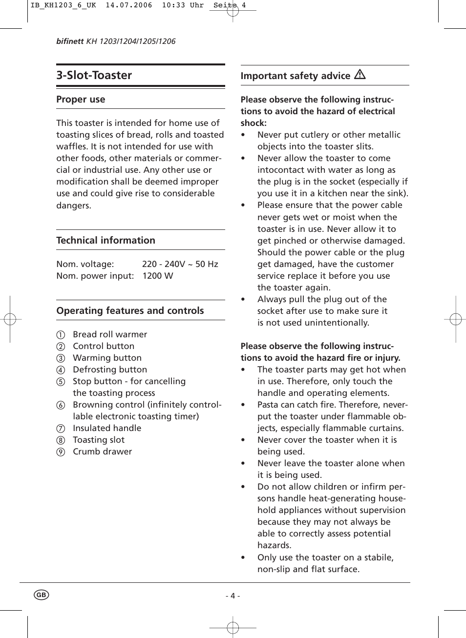 Slot-toaster | Kompernass KH-1206 User Manual | Page 6 / 9