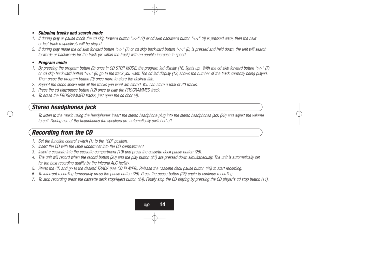 Stereo headphones jack, Recording from the cd | Kompernass KH 868 User Manual | Page 14 / 58