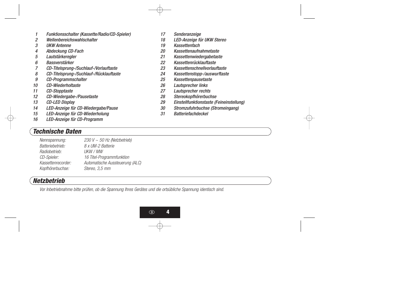 Technische daten, Netzbetrieb | Kompernass KH 868 User Manual | Page 4 / 58