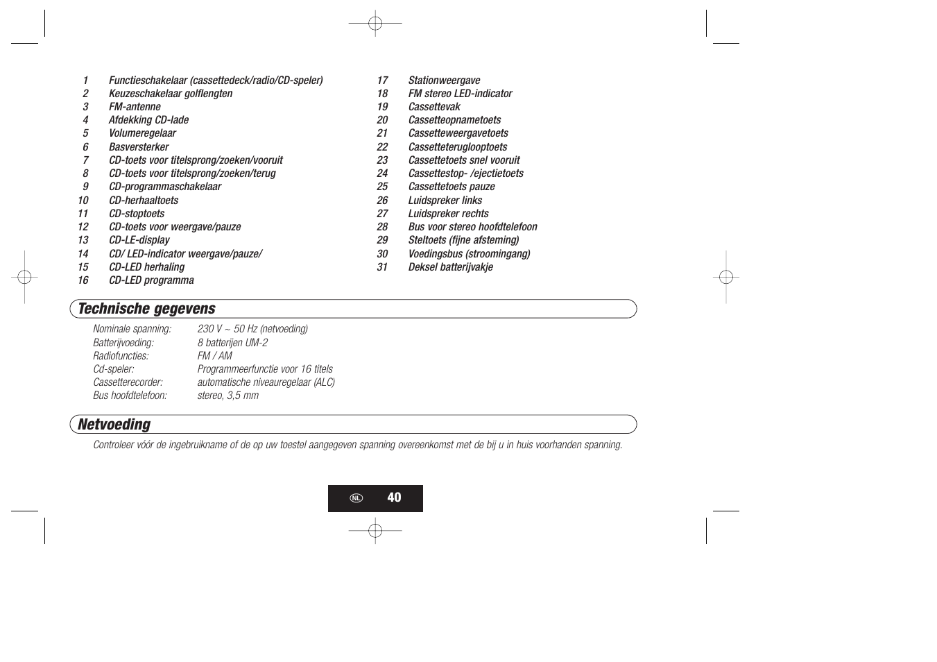 Technische gegevens, Netvoeding | Kompernass KH 868 User Manual | Page 40 / 58