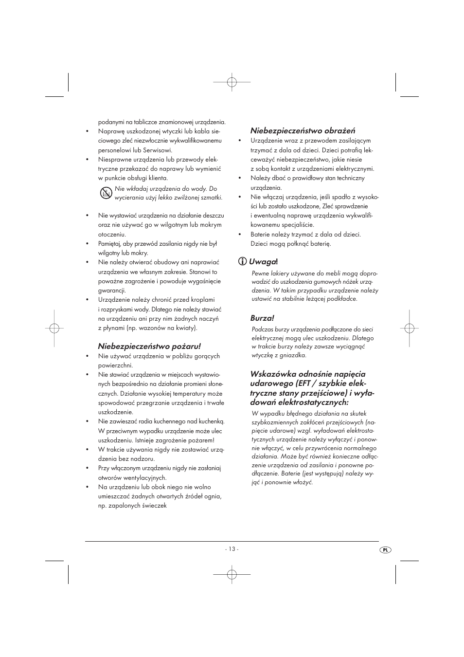Niebezpieczeństwo pożaru, Niebezpieczeństwo obrażeń, Uwaga | Burza | Kompernass KH 2289 User Manual | Page 15 / 72