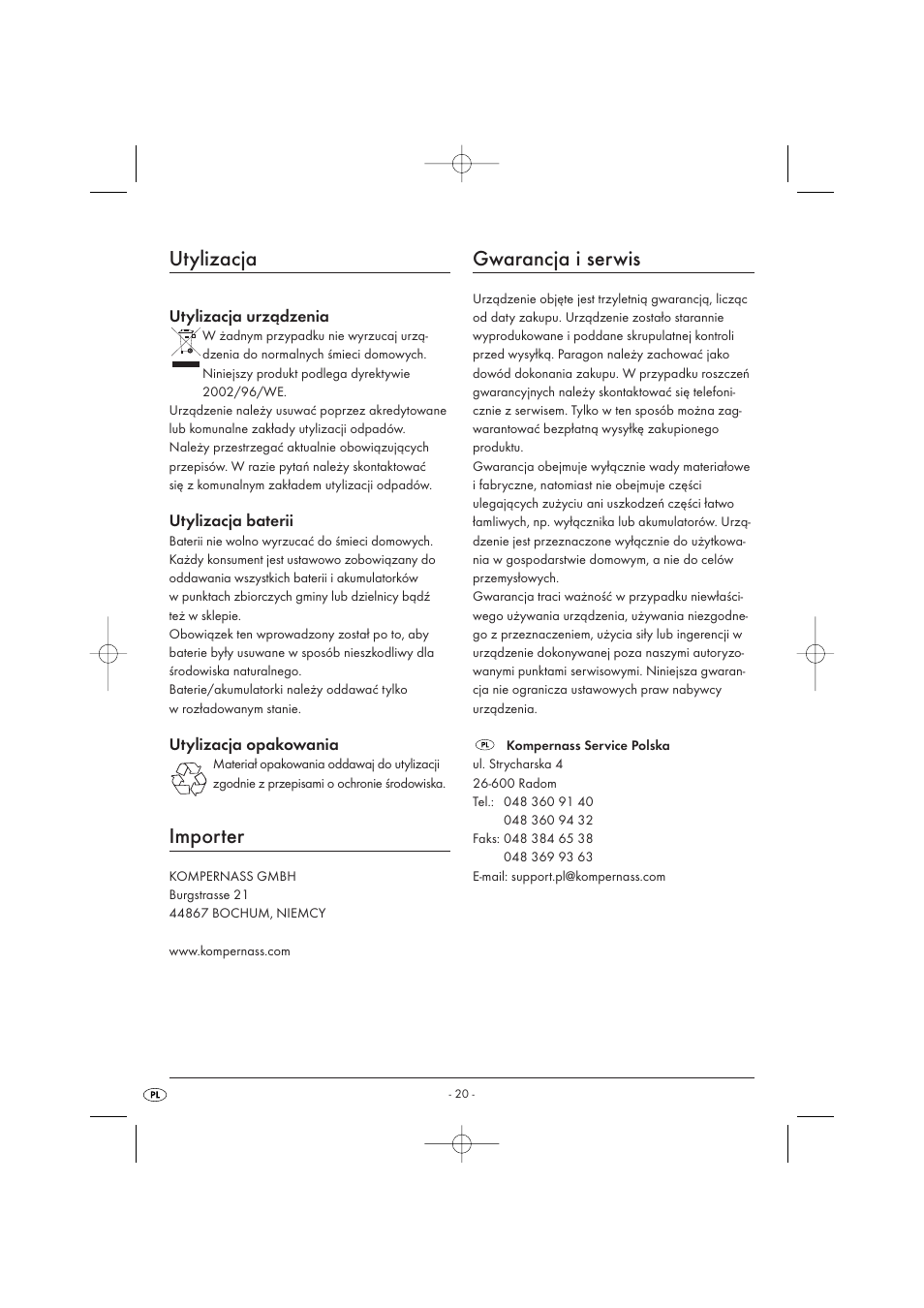 Utylizacja, Importer, Gwarancja i serwis | Kompernass KH 2289 User Manual | Page 22 / 72