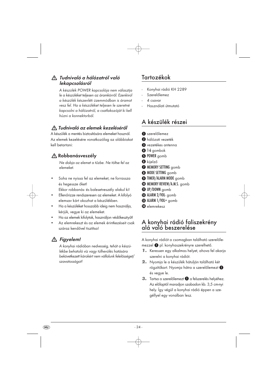 Tartozékok, A készülék részei, A konyhai rádió faliszekrény alá való beszerelése | Kompernass KH 2289 User Manual | Page 26 / 72