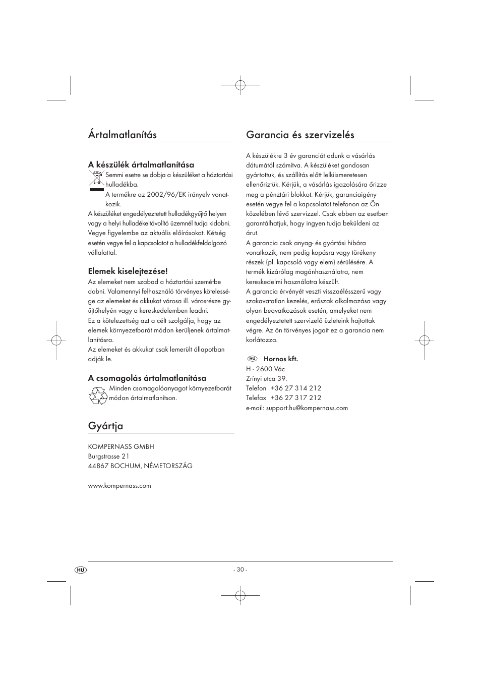Ártalmatlanítás, Gyártja, Garancia és szervizelés | Kompernass KH 2289 User Manual | Page 32 / 72