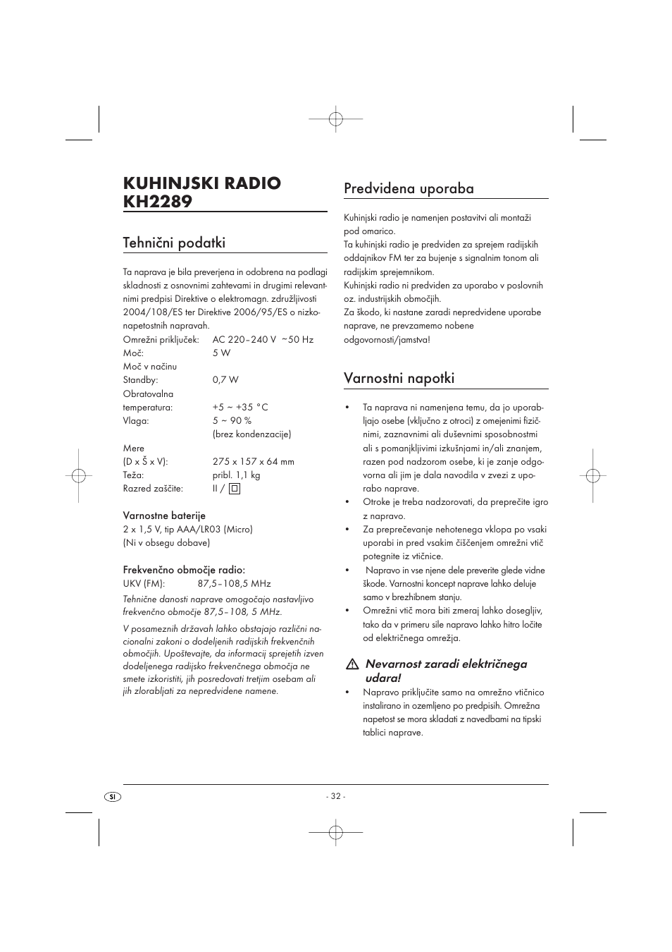 Kuhinjski radio kh2289, Tehnični podatki, Predvidena uporaba | Varnostni napotki | Kompernass KH 2289 User Manual | Page 34 / 72