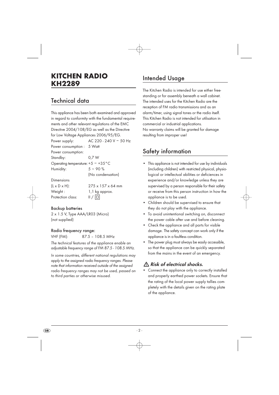 Kitchen radio kh2289, Technical data, Intended usage | Safety information | Kompernass KH 2289 User Manual | Page 4 / 72