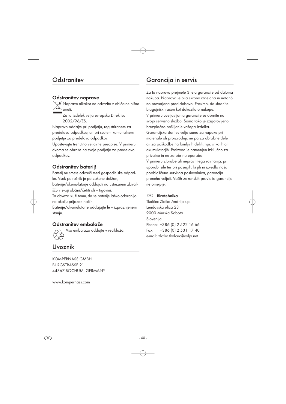 Odstranitev, Uvoznik, Garancija in servis | Kompernass KH 2289 User Manual | Page 42 / 72