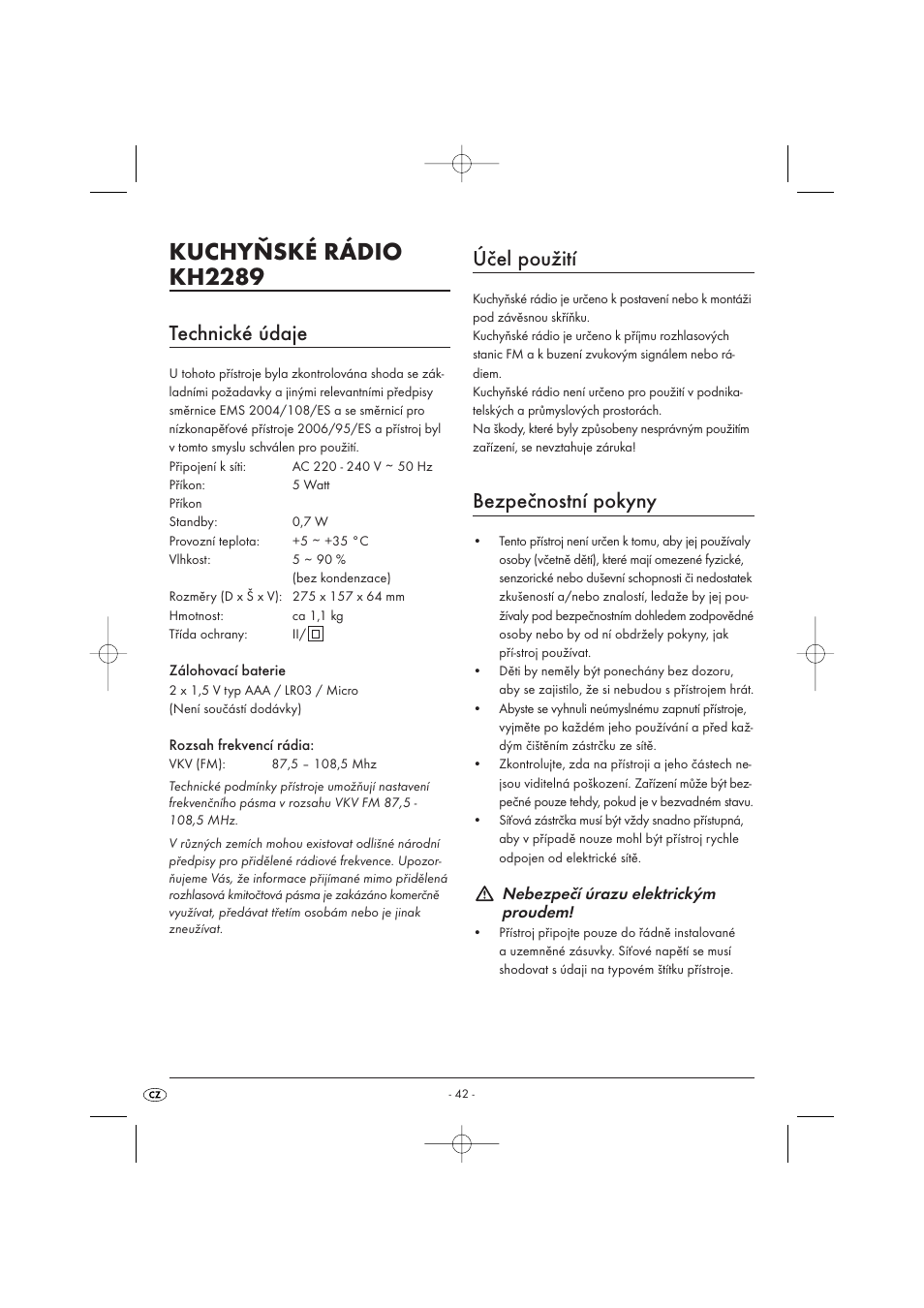 Kuchyňské rádio kh2289, Technické údaje, Účel použití | Bezpečnostní pokyny | Kompernass KH 2289 User Manual | Page 44 / 72