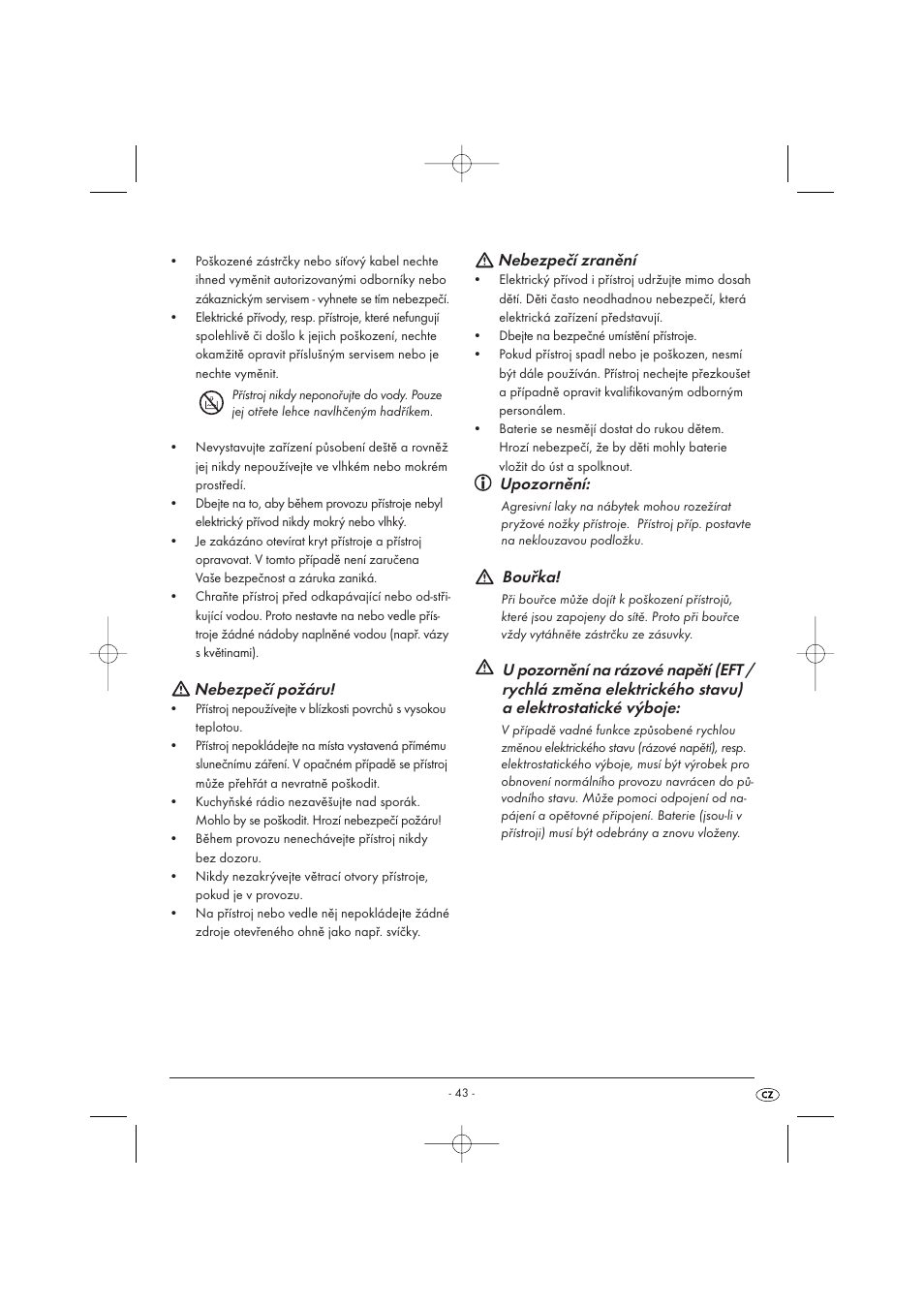 Nebezpečí požáru, Nebezpečí zranění, Upozornění | Bouřka | Kompernass KH 2289 User Manual | Page 45 / 72