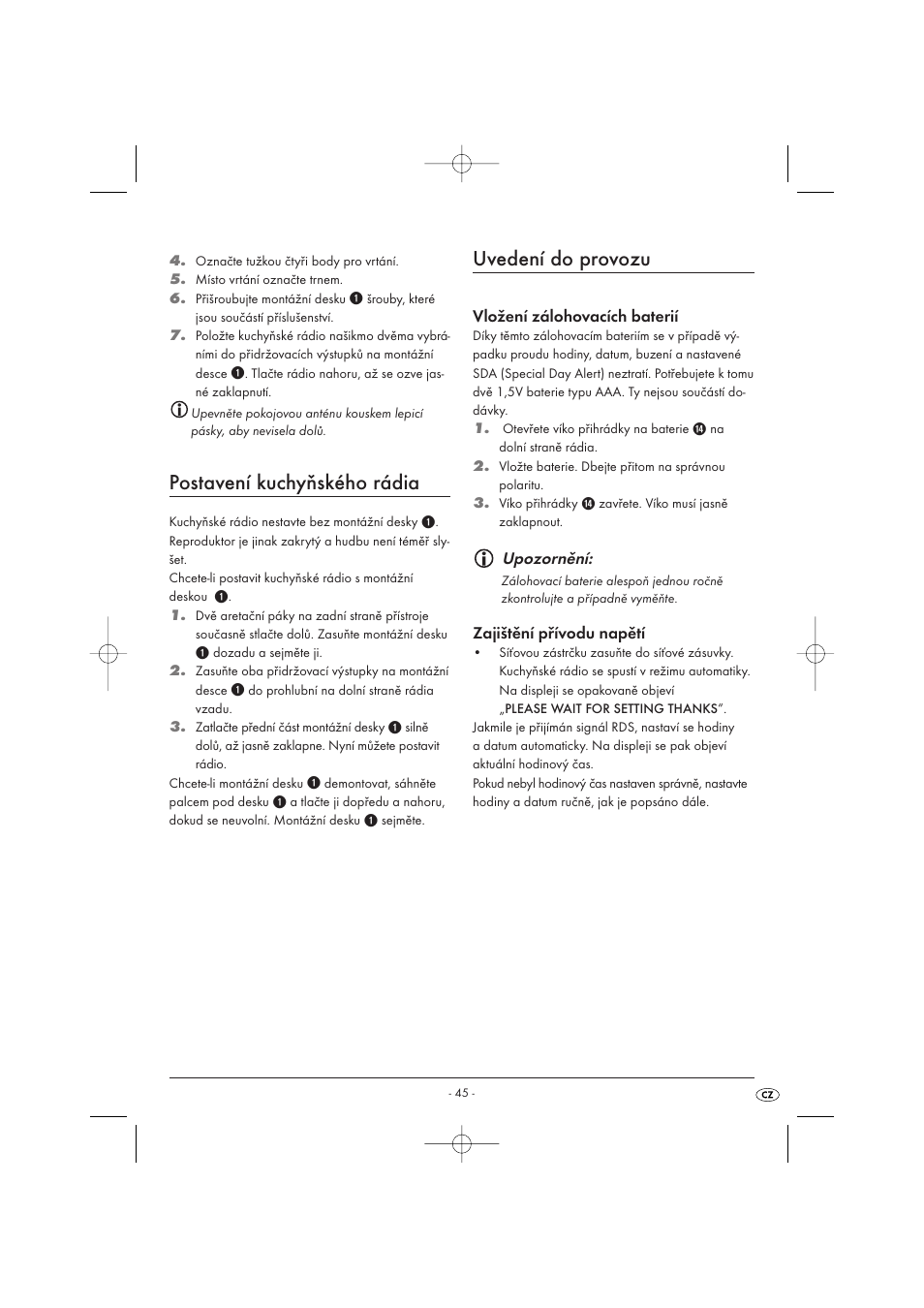 Postavení kuchyňského rádia, Uvedení do provozu | Kompernass KH 2289 User Manual | Page 47 / 72