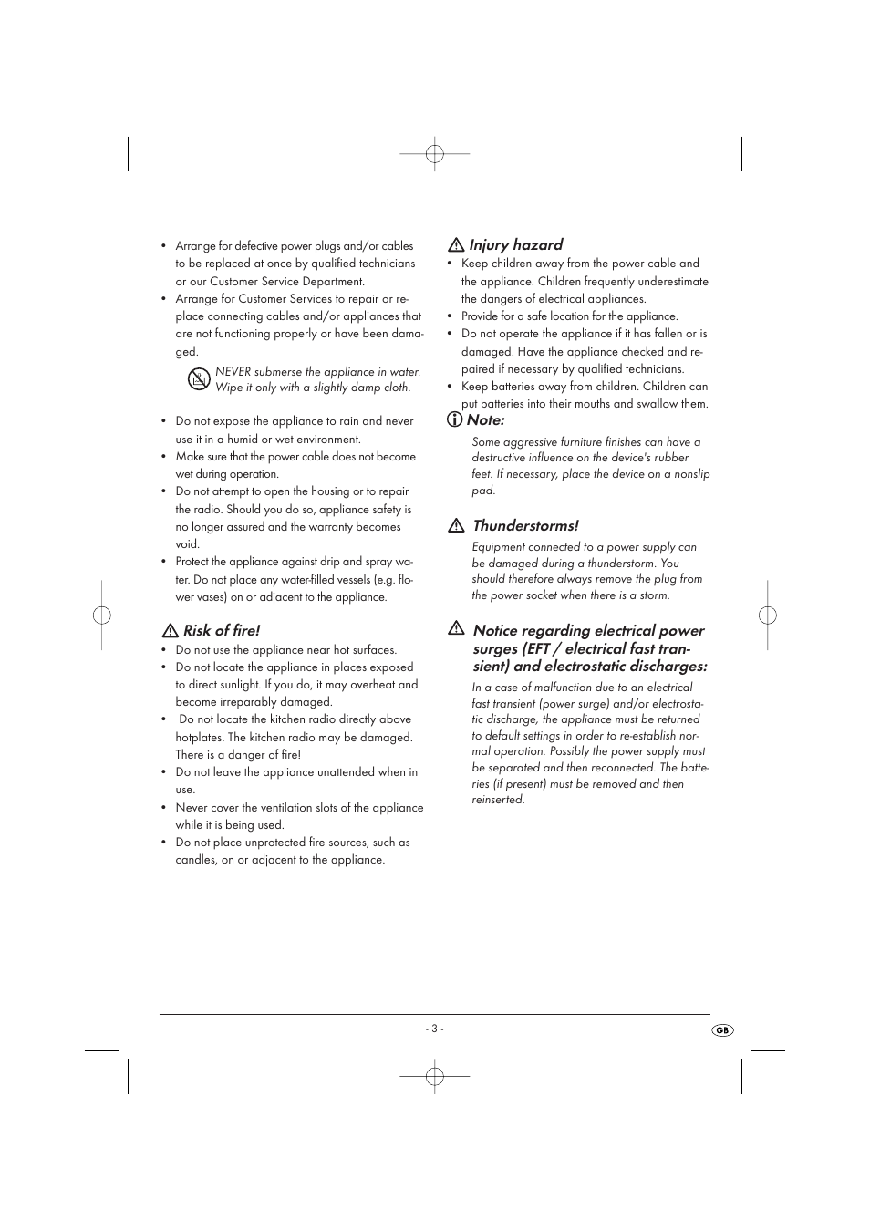Risk of fire, Injury hazard, Thunderstorms | Kompernass KH 2289 User Manual | Page 5 / 72