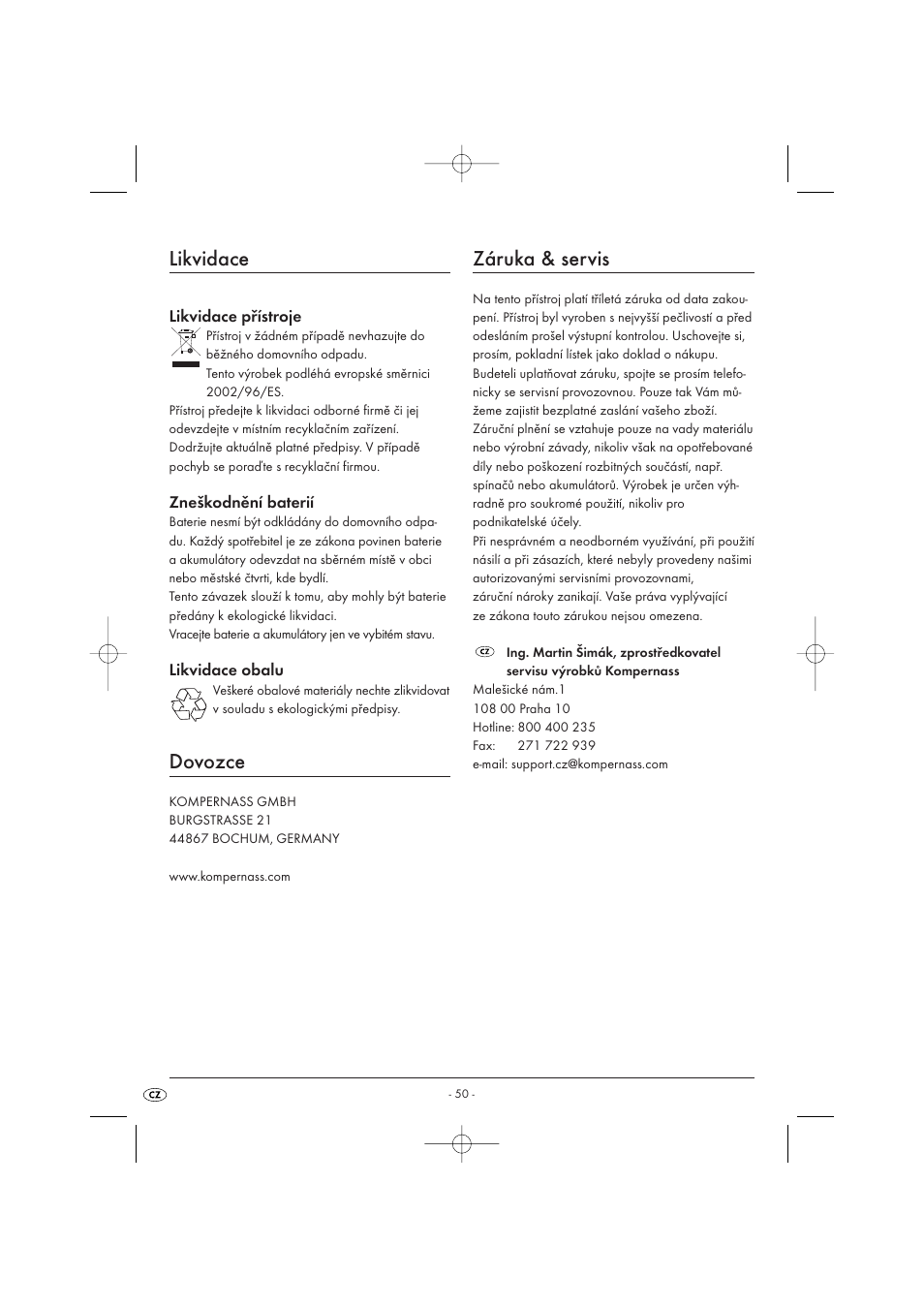 Likvidace, Dovozce, Záruka & servis | Kompernass KH 2289 User Manual | Page 52 / 72