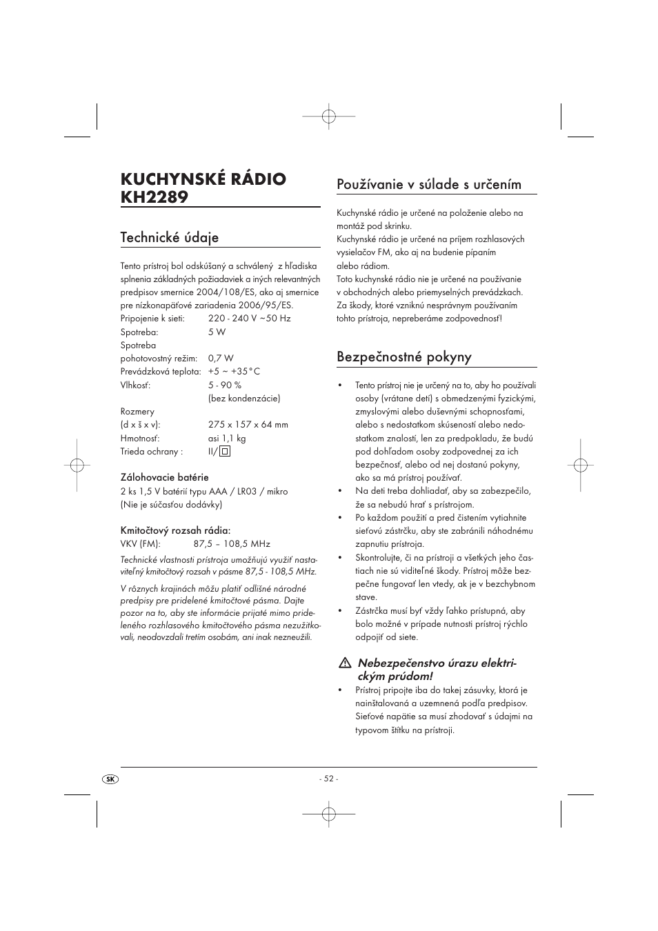 Kuchynské rádio kh2289, Technické údaje, Používanie v súlade s určením | Bezpečnostné pokyny | Kompernass KH 2289 User Manual | Page 54 / 72