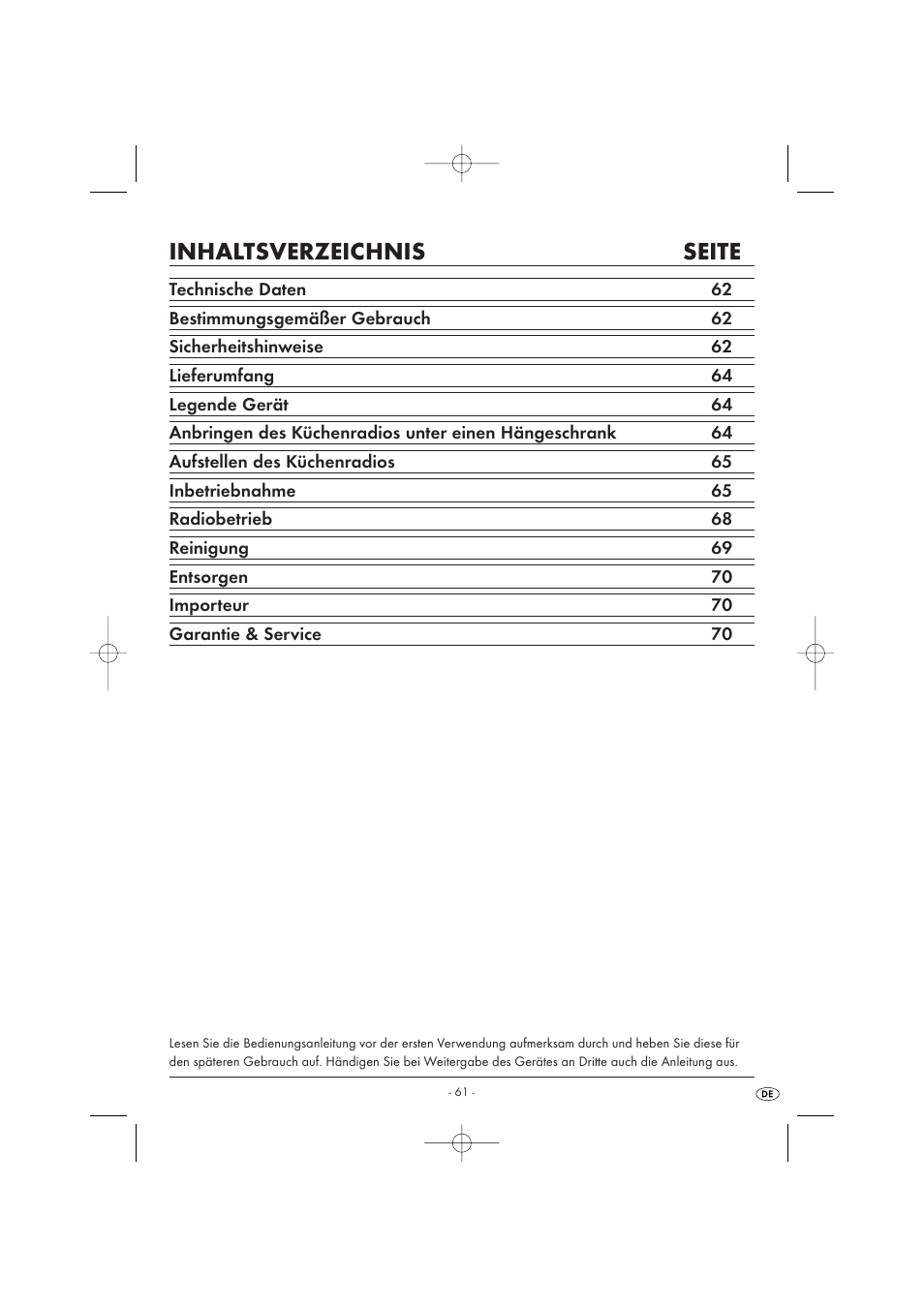 Inhaltsverzeichnis seite | Kompernass KH 2289 User Manual | Page 63 / 72