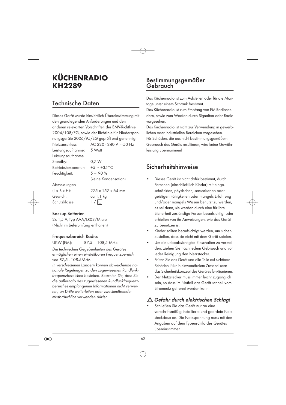 Küchenradio kh2289, Technische daten, Bestimmungsgemäßer gebrauch | Sicherheitshinweise | Kompernass KH 2289 User Manual | Page 64 / 72