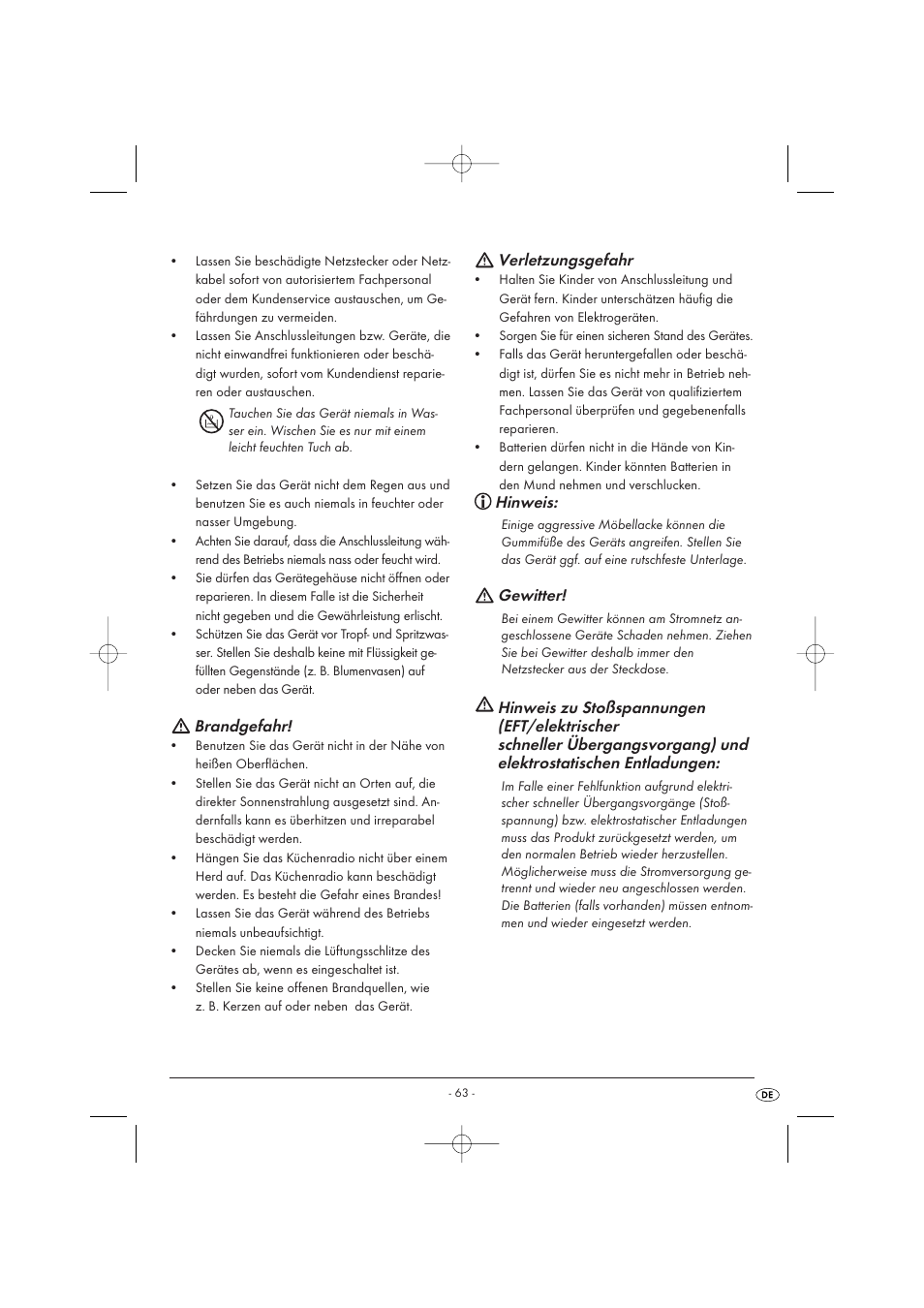 Brandgefahr, Verletzungsgefahr, Hinweis | Gewitter | Kompernass KH 2289 User Manual | Page 65 / 72