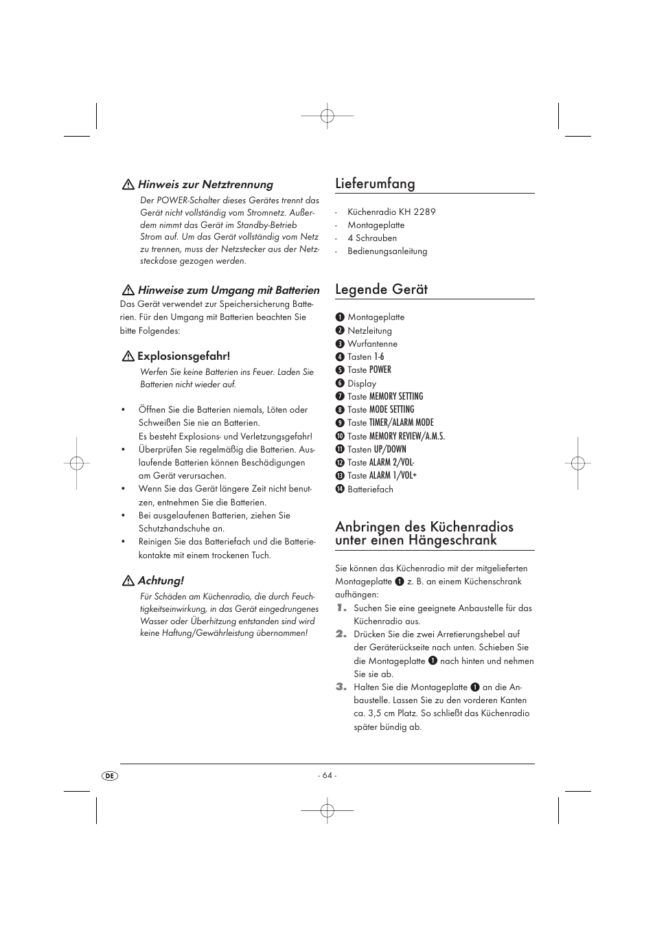 Lieferumfang, Legende gerät | Kompernass KH 2289 User Manual | Page 66 / 72