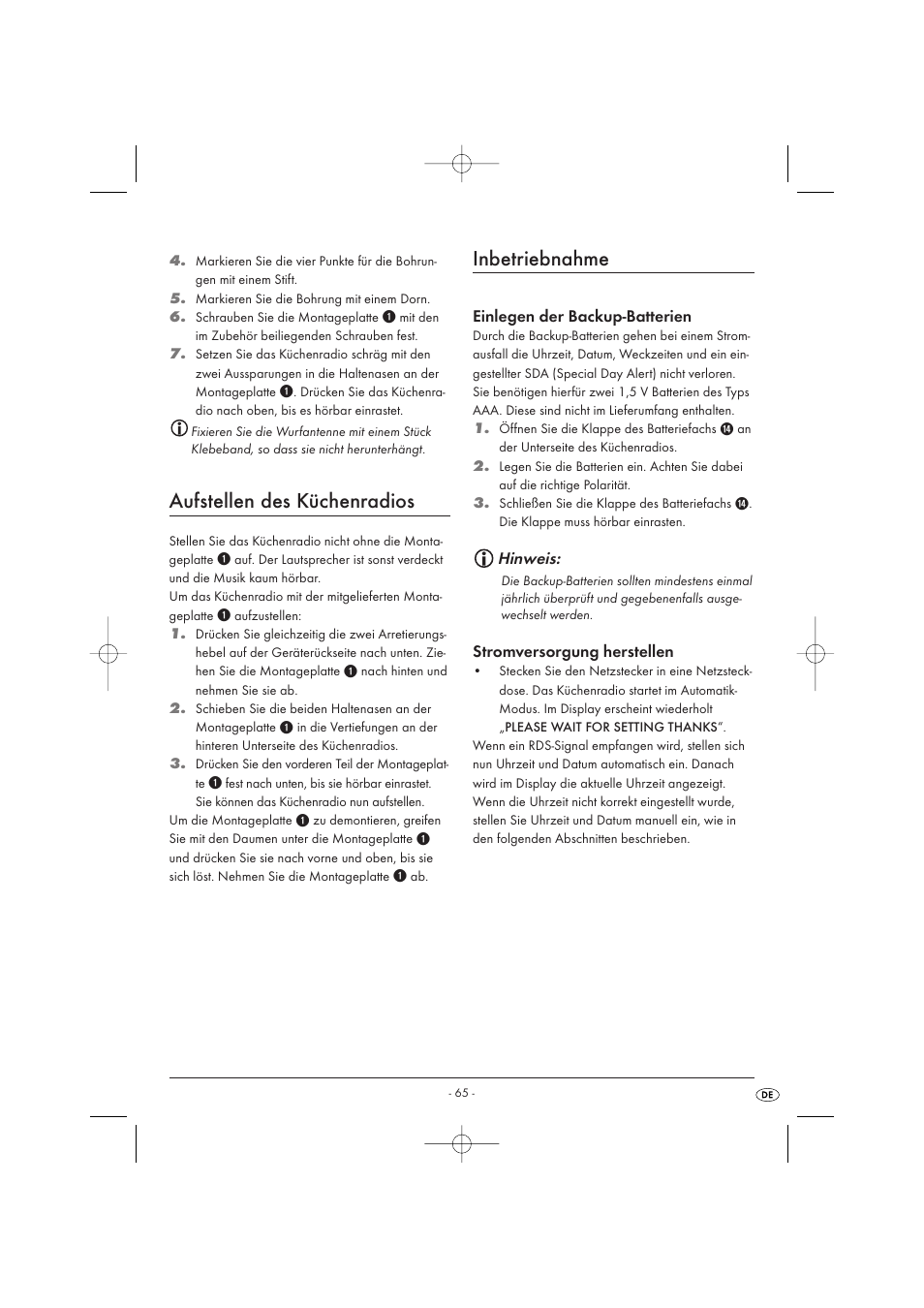 Aufstellen des küchenradios, Inbetriebnahme | Kompernass KH 2289 User Manual | Page 67 / 72