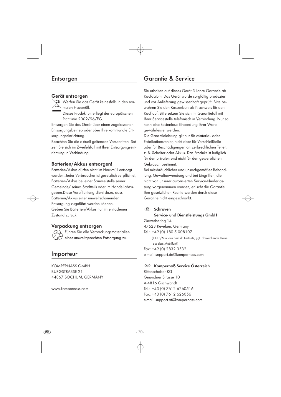 Entsorgen, Importeur, Garantie & service | Kompernass KH 2289 User Manual | Page 72 / 72
