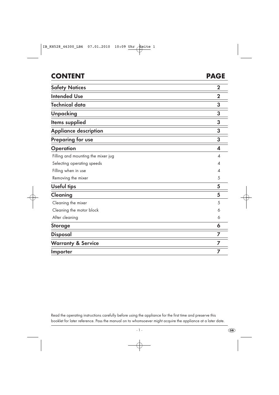 Content page | Kompernass KH 528 User Manual | Page 3 / 9