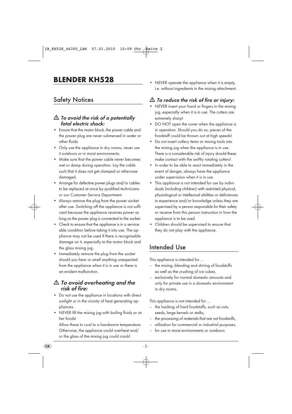 Blender kh528, Safety notices, Intended use | Ƽ to avoid overheating and the risk of fire | Kompernass KH 528 User Manual | Page 4 / 9