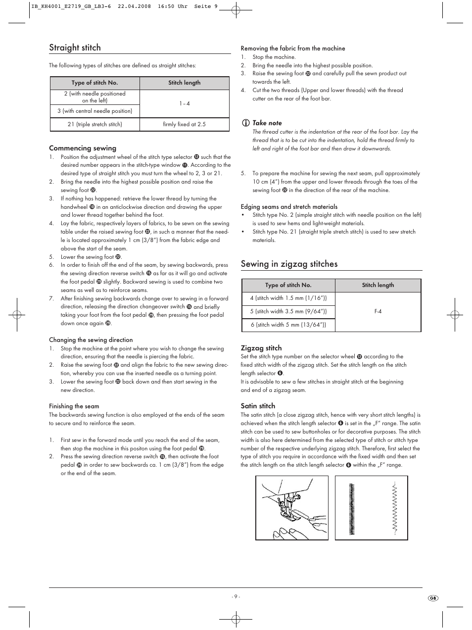 Straight stitch, Sewing in zigzag stitches | Kompernass KH 4001 User Manual | Page 11 / 20