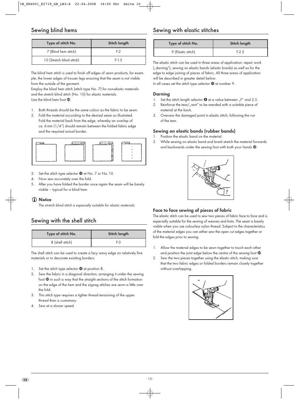 Sewing blind hems, Sewing with the shell stitch, Sewing with elastic stitches | Kompernass KH 4001 User Manual | Page 12 / 20