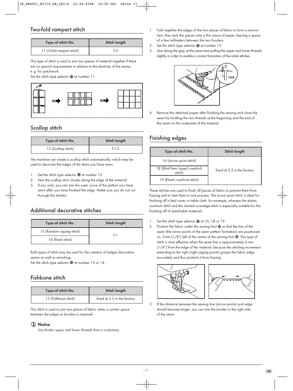 Two-fold rampart stitch, Scallop stitch, Additional decorative stitches | Fishbone stitch, Finishing edges | Kompernass KH 4001 User Manual | Page 13 / 20