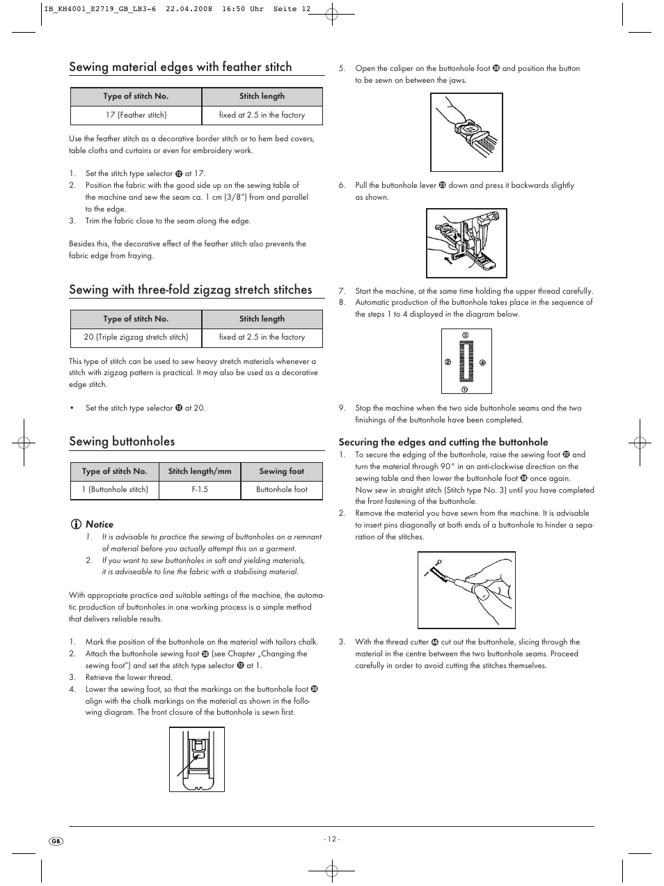 Sewing material edges with feather stitch, Sewing with three-fold zigzag stretch stitches, Sewing buttonholes | Kompernass KH 4001 User Manual | Page 14 / 20