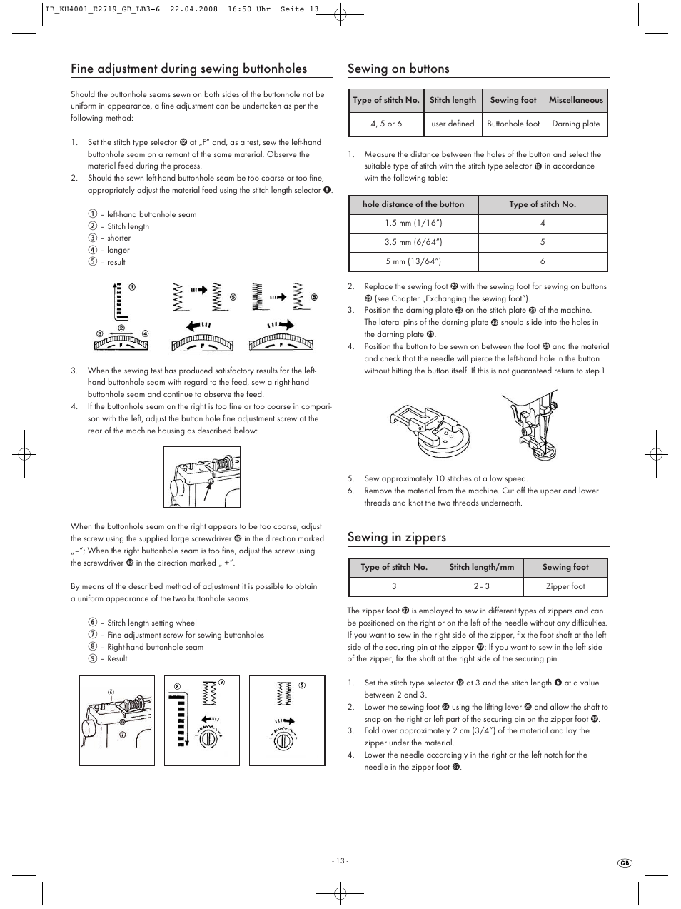 Fine adjustment during sewing buttonholes, Sewing on buttons, Sewing in zippers | Kompernass KH 4001 User Manual | Page 15 / 20