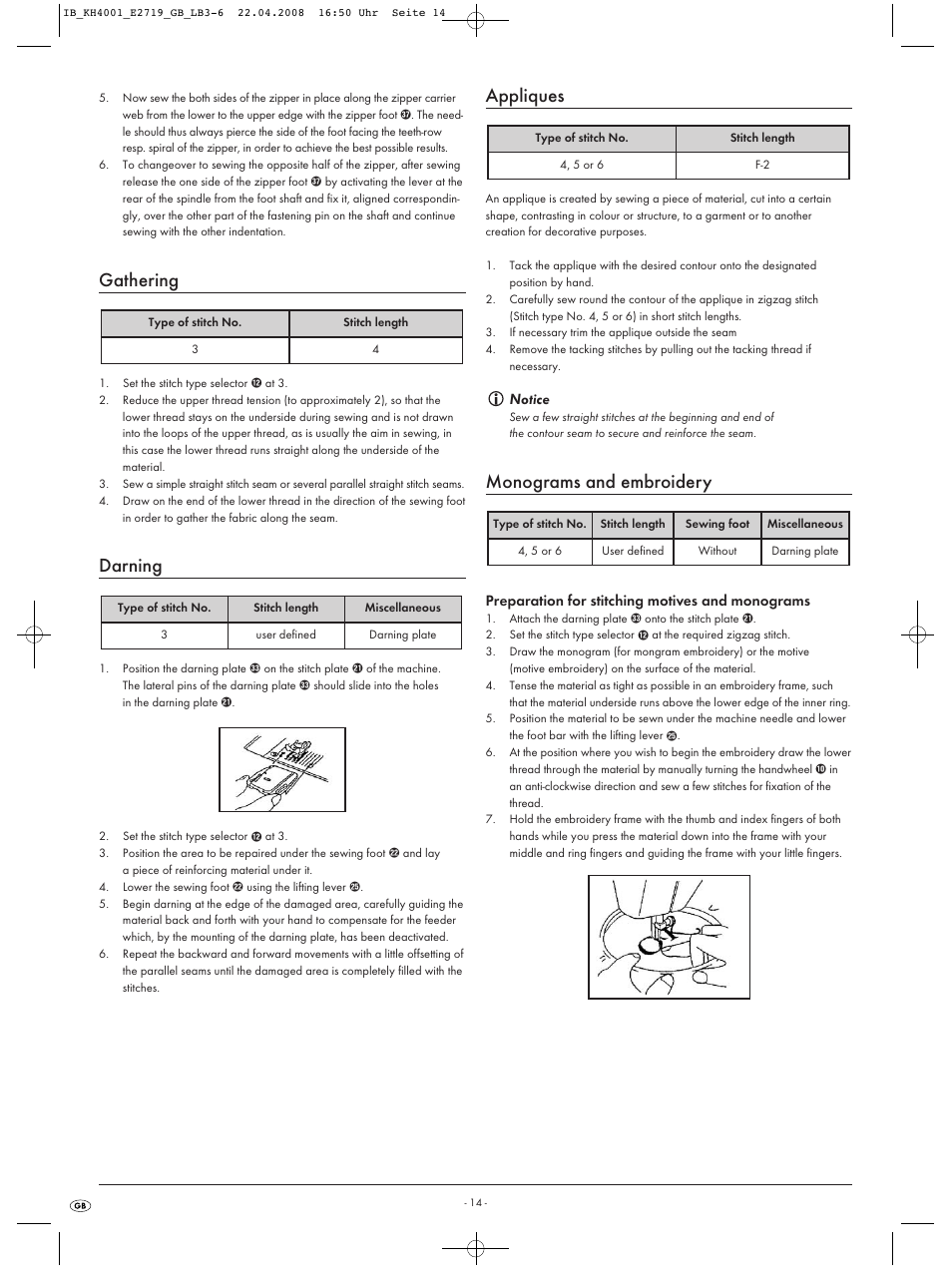Gathering, Darning, Appliques | Monograms and embroidery | Kompernass KH 4001 User Manual | Page 16 / 20