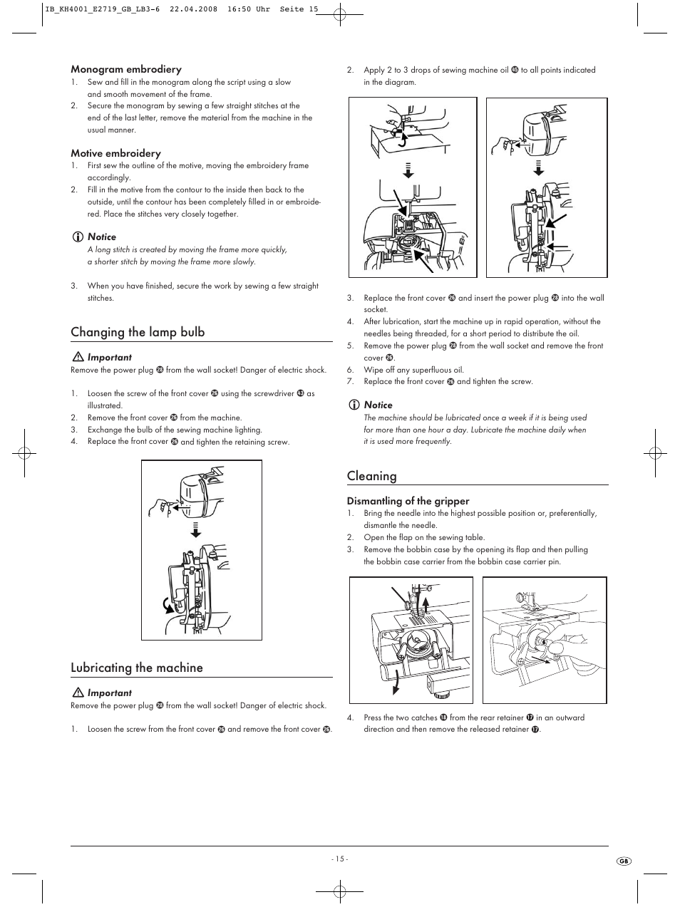 Changing the lamp bulb, Lubricating the machine, Cleaning | Kompernass KH 4001 User Manual | Page 17 / 20