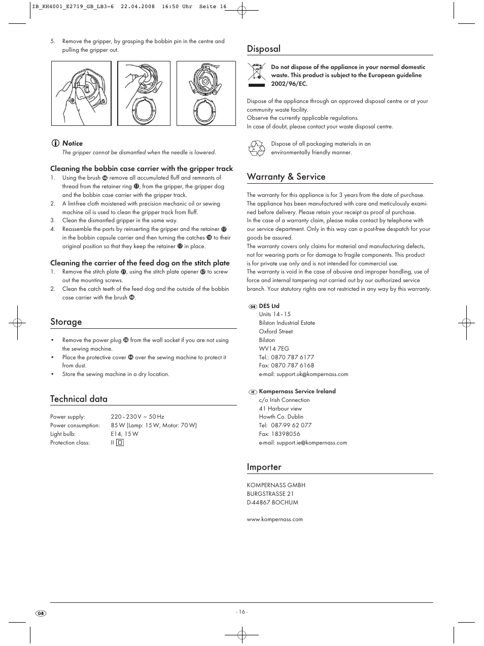 Storage, Technical data, Disposal | Warranty & service, Importer | Kompernass KH 4001 User Manual | Page 18 / 20